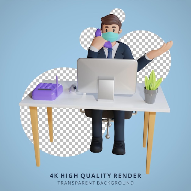 Businessman on the phone character wearing mask 3d character illustration