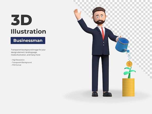 Businessman planting money investment 3d character illustration