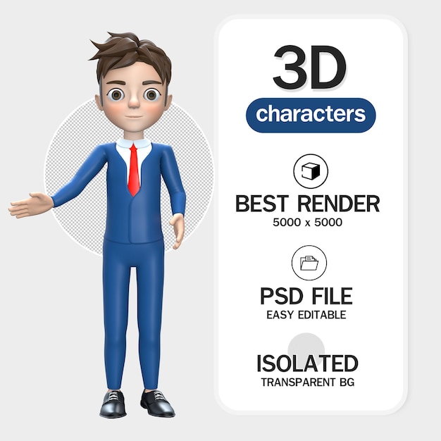 ビジネスマンは、広告の3dレンダリングを右に指さします