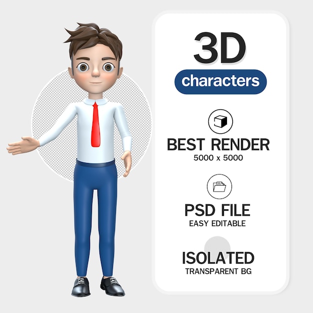 Businessman pointing fingers right showing advertisement 3d rendering