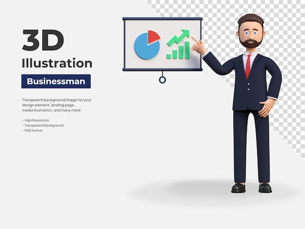 PSD businessman presenting business report analytic 3d character illustration