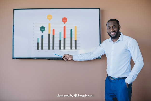 Businessman presenting charts on tv screen