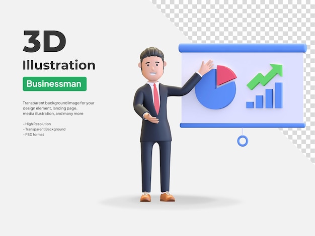 PSD businessman presenting project with graphic data character 3d illustration