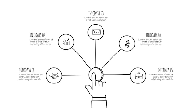 PSD businessman pressing button on a virtual background doodle circle line infographic business concept with 5 options parts steps or processes