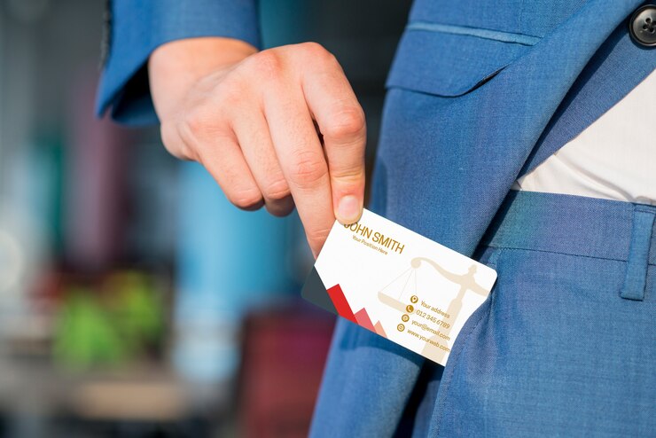 PSD businessman pulling out business card mockup