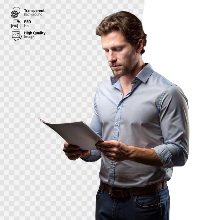 PSD businessman reading document seriously