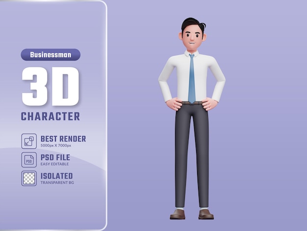 사업가 준비 포즈 허리에 손을 3d 사업가 긴 셔츠와 파란색 넥타이를 입고
