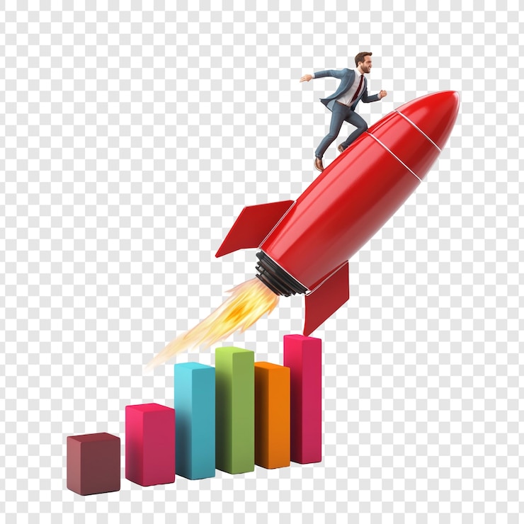 PSD businessman riding rocket to success