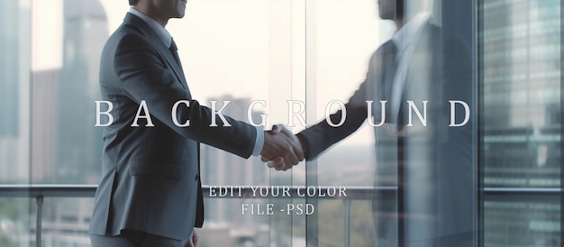 Businessman shaking hands in collaboration with partnersglass building background