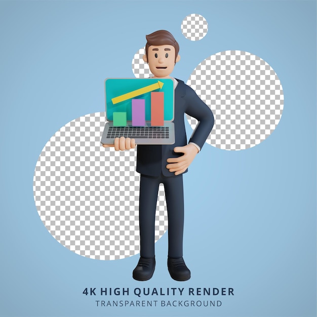 PSD businessman showing chart on laptop character 3d character illustration