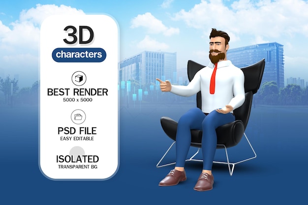 Businessman sitting in the black chair 3d rendering