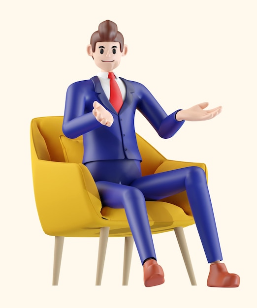 白い背景に孤立した可愛い漫画の3Dイラストを説明する椅子に座っているビジネスマン