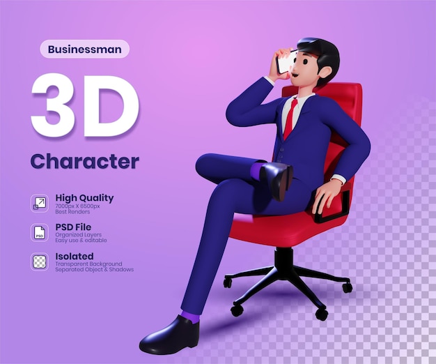 オフィスの椅子に座ってスマートフォンで話すビジネスマンの3Dイラスト