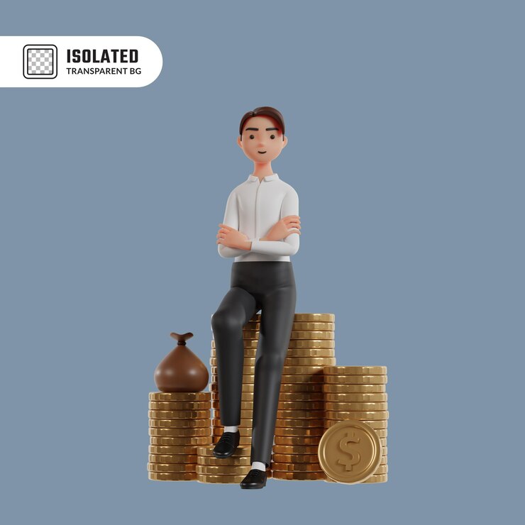 비즈니스 자본을 제공하는 동전과 돈 가방 더미에 앉아 사업가