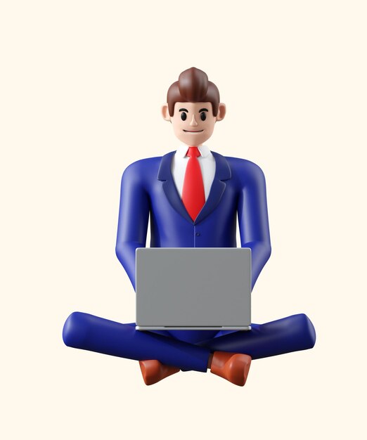 Бизнесмен сидит в позе и работает на ноутбуке3D иллюстрация милого мультяшного улыбающегося человека на белом фоне