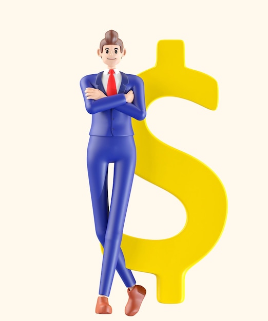 Бизнесмен стоит рядом со знаком валюты 3D иллюстрация милого мультфильма, улыбающегося изолированно на белом фоне