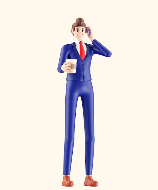 PSD Бизнесмен стоит с чашкой кофе и пользуется телефоном 3d иллюстрация милого мультяшного улыбающегося человека на белом фоне