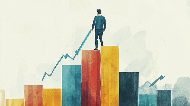 PSD businessman standing on top of bar chart guiding upward arrow signifying growth and success