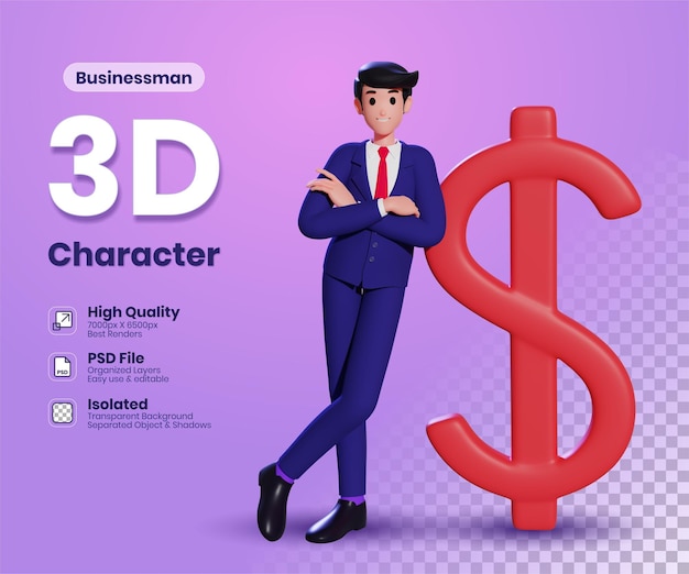 腕を組んで立っているビジネスマンまたは大きな赤いドル記号の 3 d イラストレーションに寄りかかって折られました。