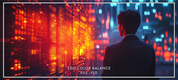 PSD a businessman stands in front of a wall of glowing red lights looking at the city lights