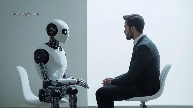 PSD businessman in suit sits opposite a humanoid robot in a modern minimalist setting