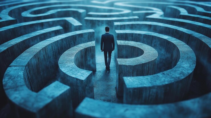 PSD a businessman in a suit walks through a foggy concrete maze