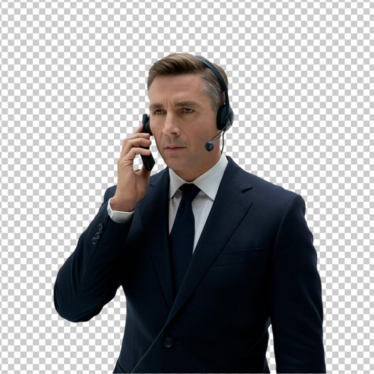 PSD businessman in a suit with a headset making a call isolated on transparent background