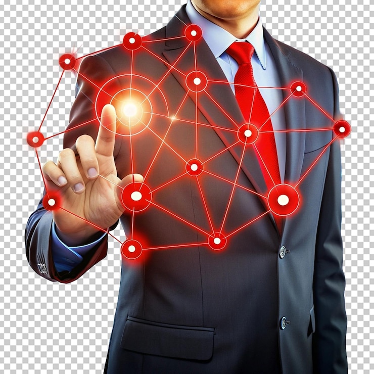 PSD businessman touching a red icon connected