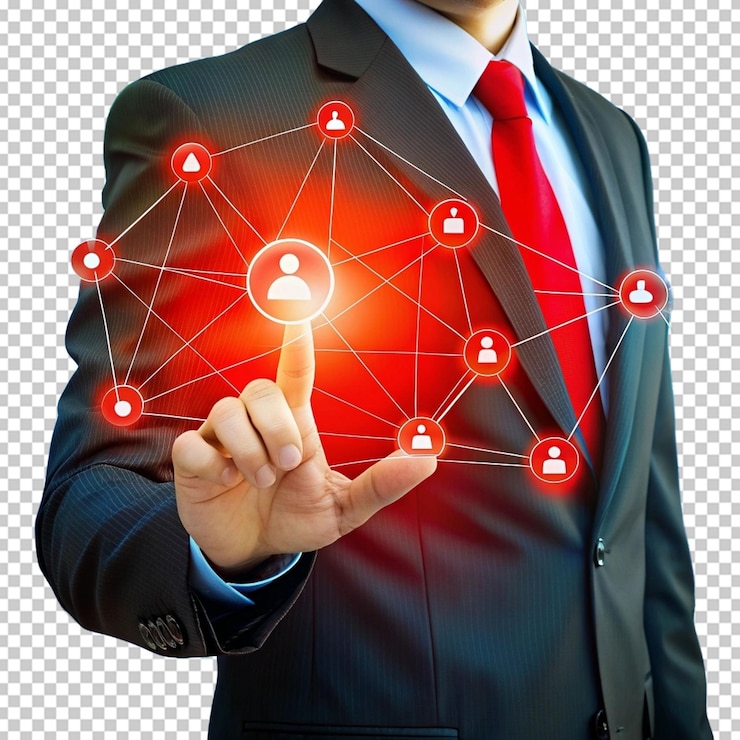 PSD businessman touching a red icon connected