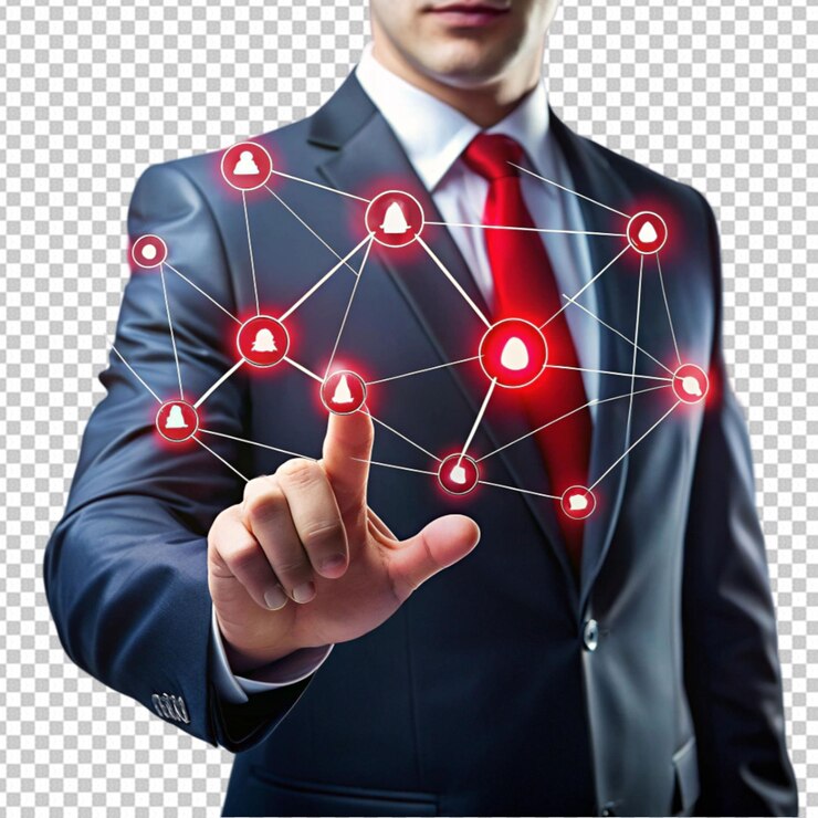 PSD businessman touching a red icon connected