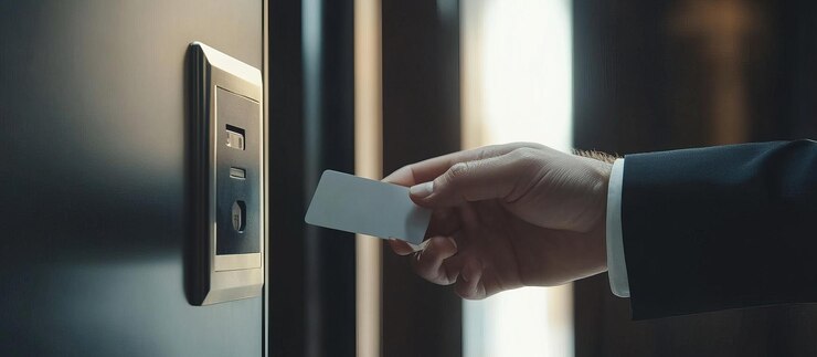 PSD businessman using key card to access a door