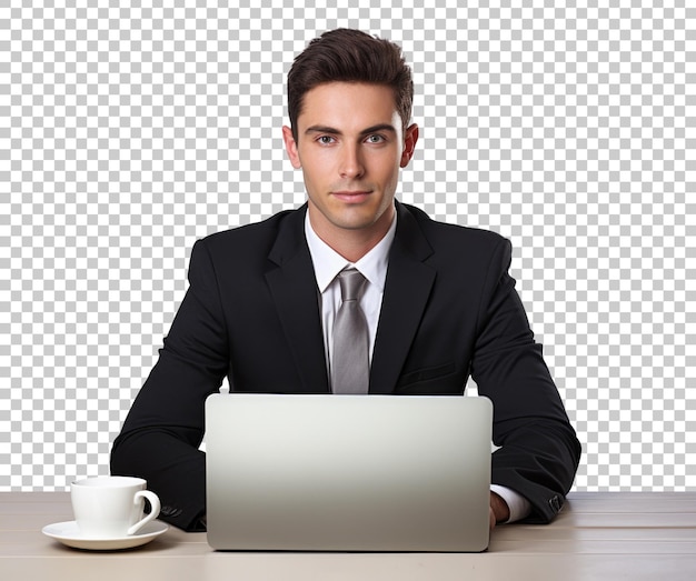 PSD uomo d'affari che utilizza il computer portatile sul tavolo con caffè isolato su sfondo trasparente