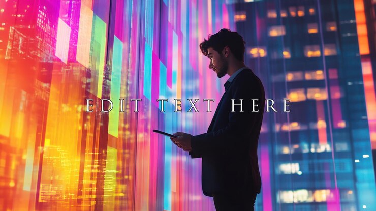 PSD businessman using tablet against vibrant city night display