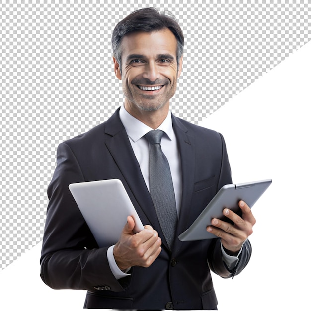 Бизнесмен с помощью планшета на прозрачном фоне