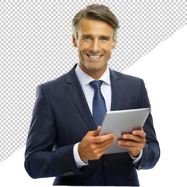 Businessman using tablet on transparent background