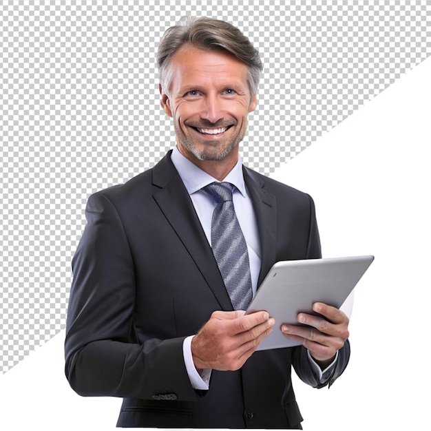 PSD businessman using tablet on transparent background