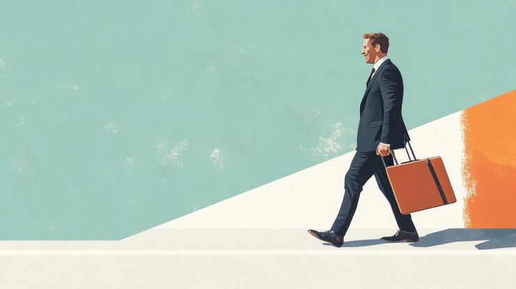PSD businessman walking with a briefcase on a colorful background