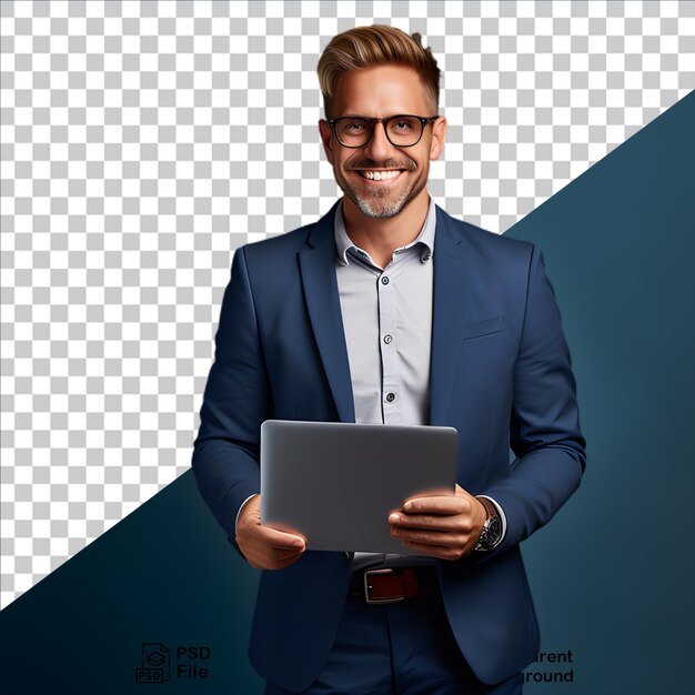 PSD Бизнесмен в синем костюме с ноутбуком, изолированным на прозрачном фоне.