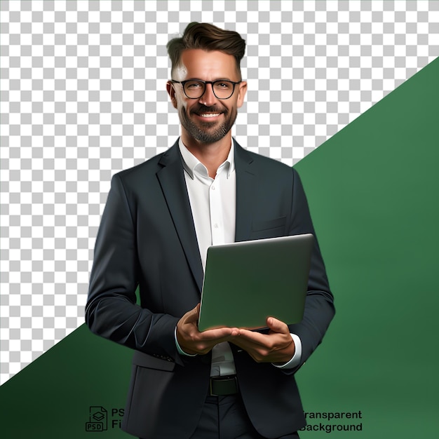 PSD businessman wearing a black suit and holding a laptop isolated on transparent background png file