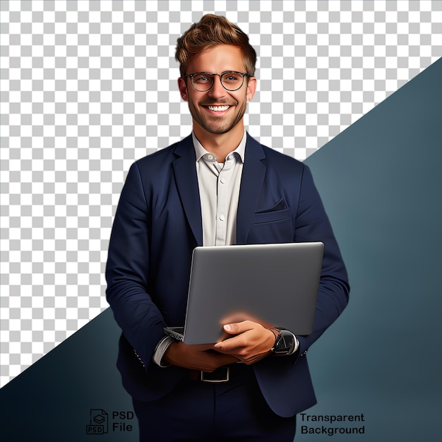 Businessman wearing a blue suit and holding a laptop isolated on transparent background png file