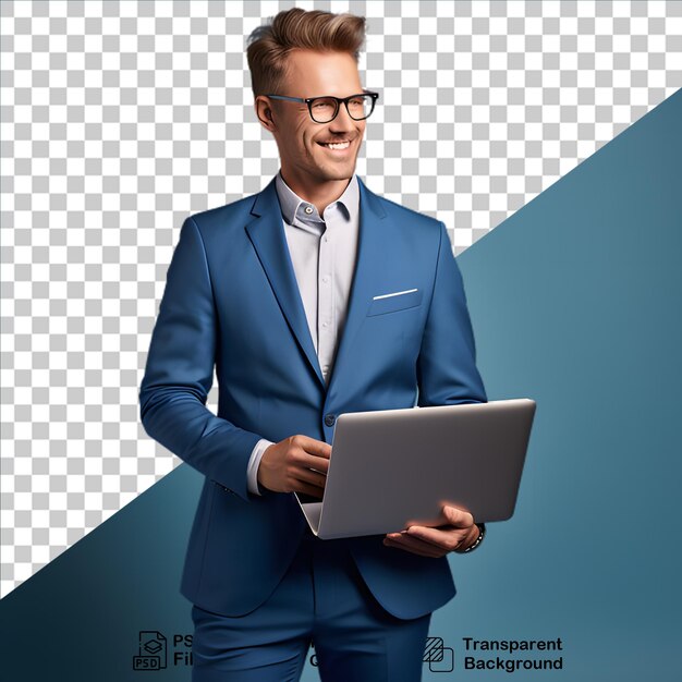 PSD businessman wearing a blue suit and holding a laptop isolated on transparent background png file