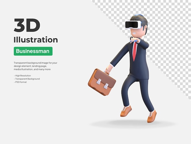 Businessman wearing virtual reality headset for work character 3d illustration