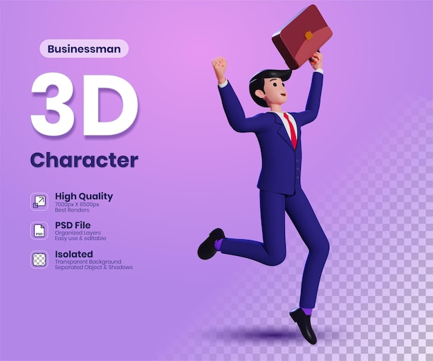 喜びのためにジャンプし、成功したビジネスの 3 d イラストレーションを祝うブリーフケースを持ったビジネスマン