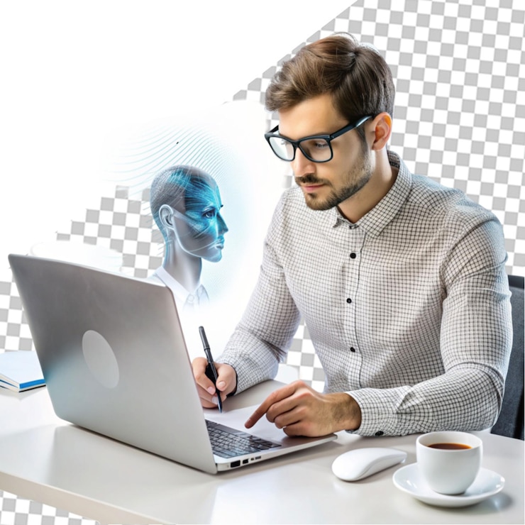 PSD бизнесмен с ноутбуком generative ai