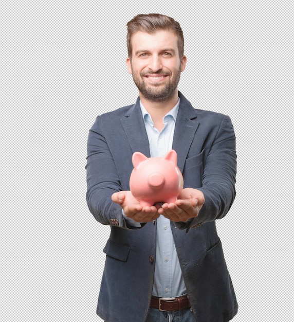 PSD uomo d'affari con piggybank