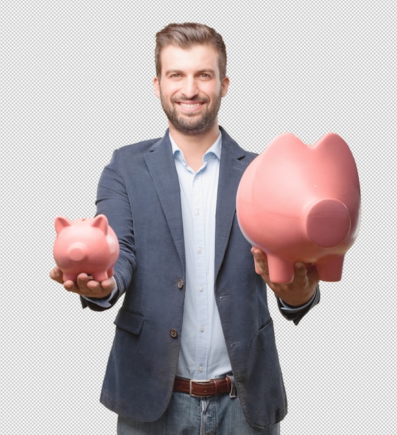 Uomo d'affari con piggybank