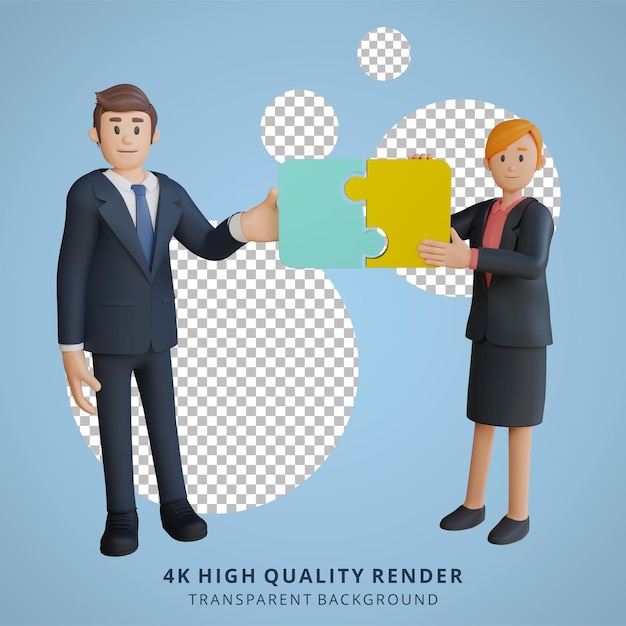 Businessman and woman putting jigsaw puzzle together character 3d character illustration