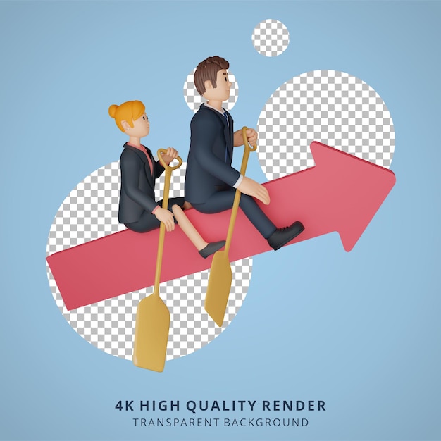 Businessman and woman riding an arrow-shaped boat character 3d character illustration