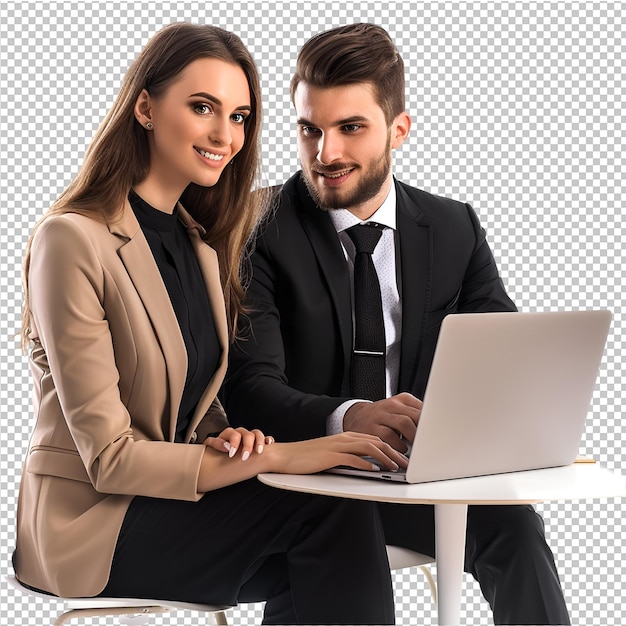 PSD businessman and woman using laptop