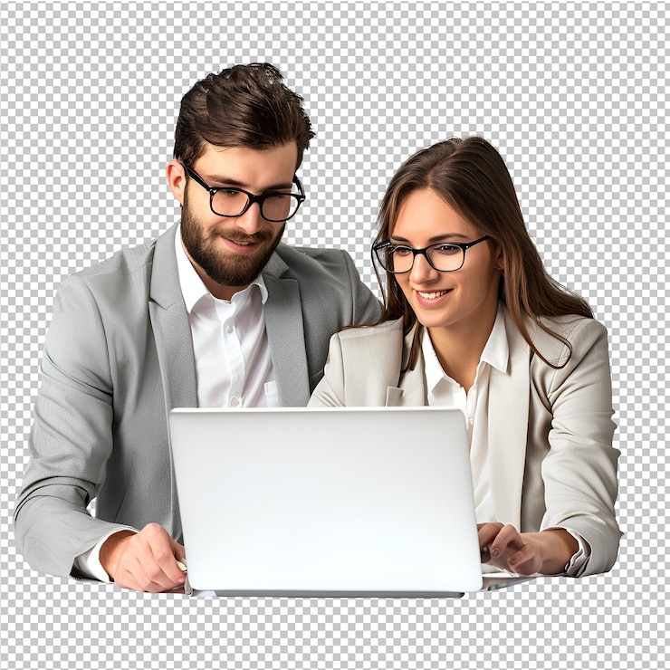 PSD businessman and woman using laptop